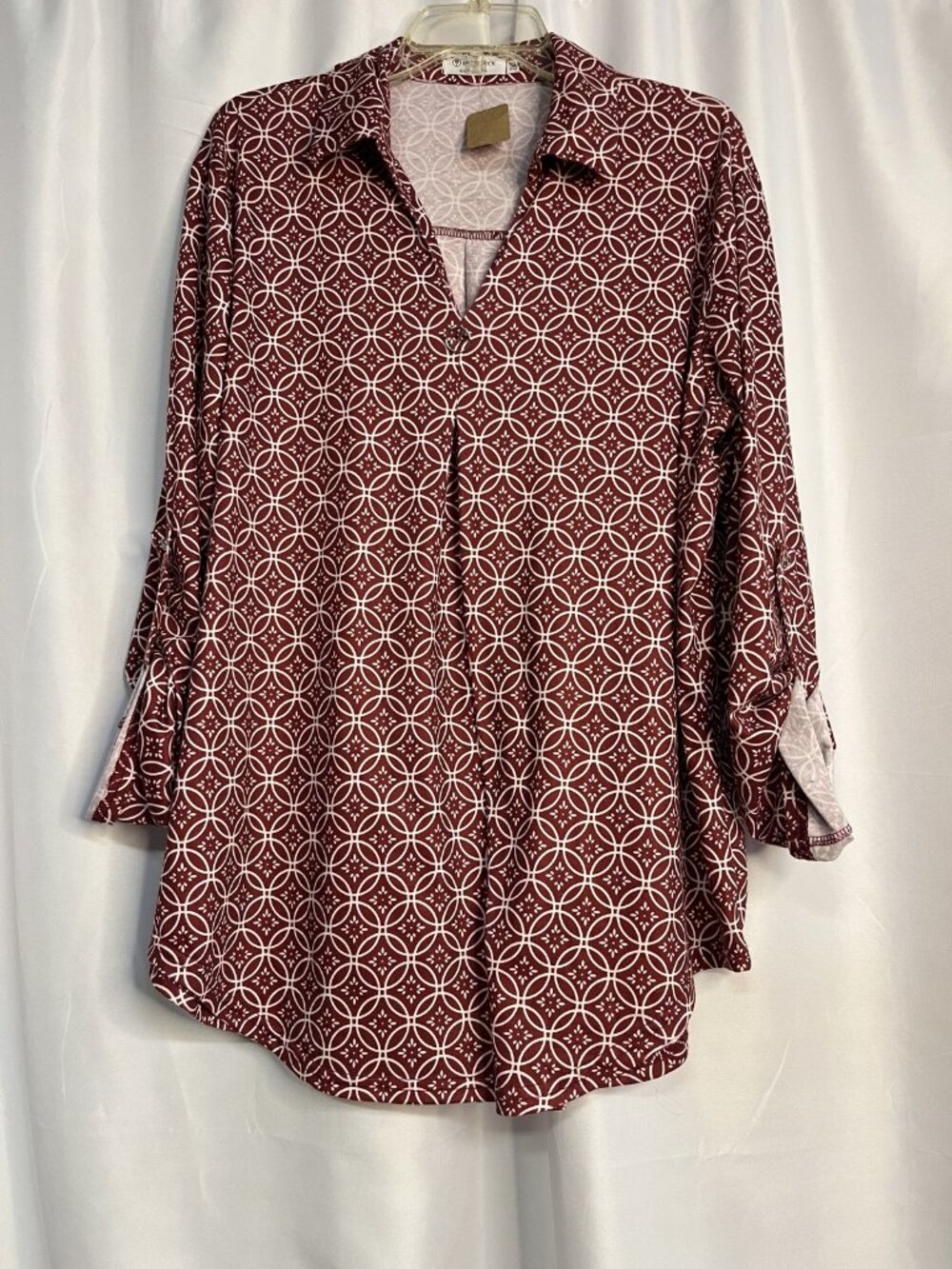 Sweetluck Size XXL Women's Brown Geometric Print Blouse with Collar and Roll-Tab